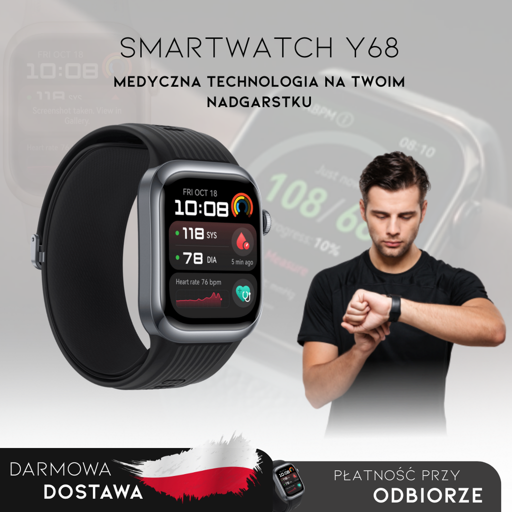 SmartWatch Y68 - Inteligentne monitorowanie | Menu w języku polskim